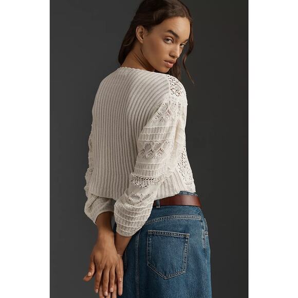 Anthropologie NEW Ivory Mixed Lace Crochet Cropped Sweater Medium - Picture 2 of 12